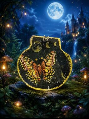 Decoupaged Butterfly Moon Wall Seashell Jewelry Holder- Black & Gold